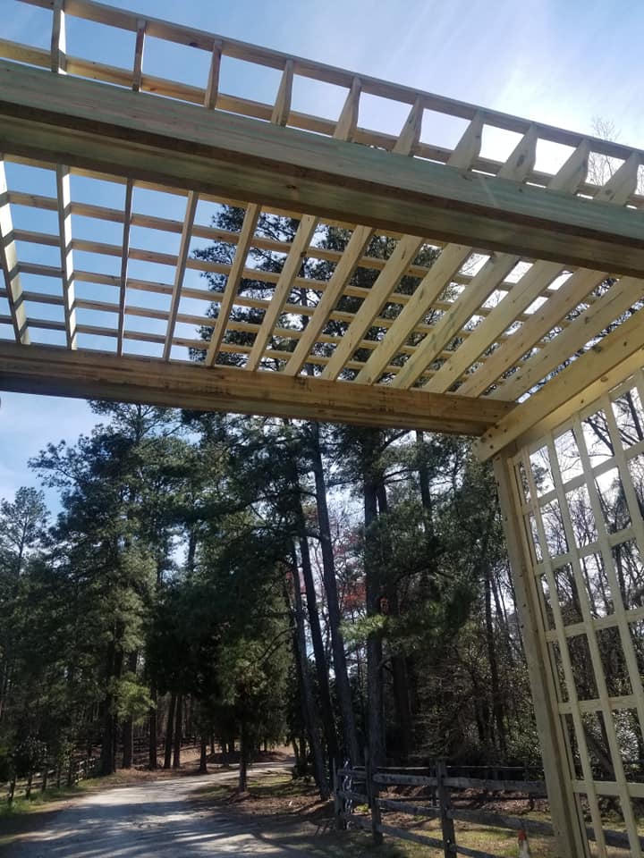 Pergola installation among trees